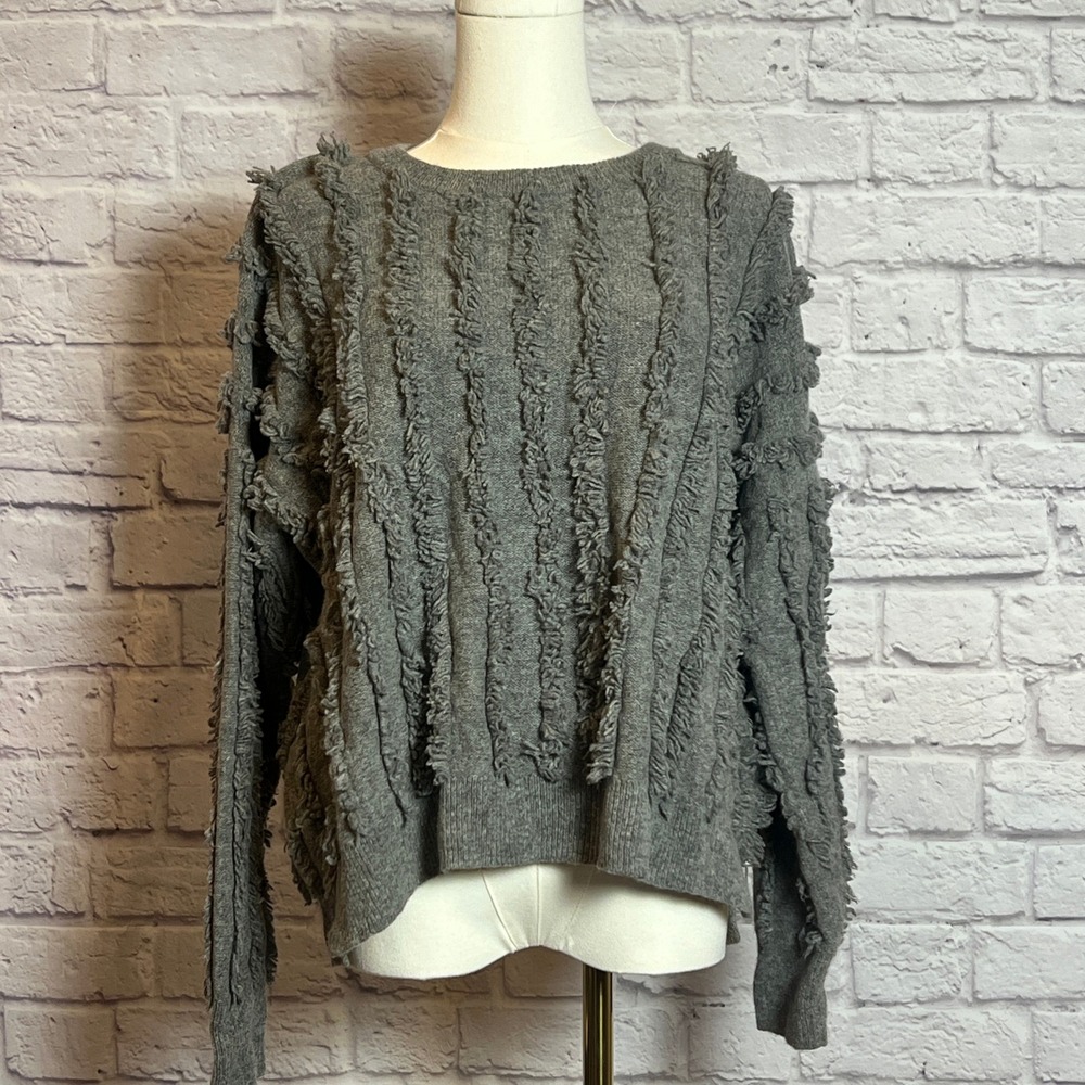 Madewell Merino Wool Fringe Sweater Gray Women's XL Crewneck Textured Knit